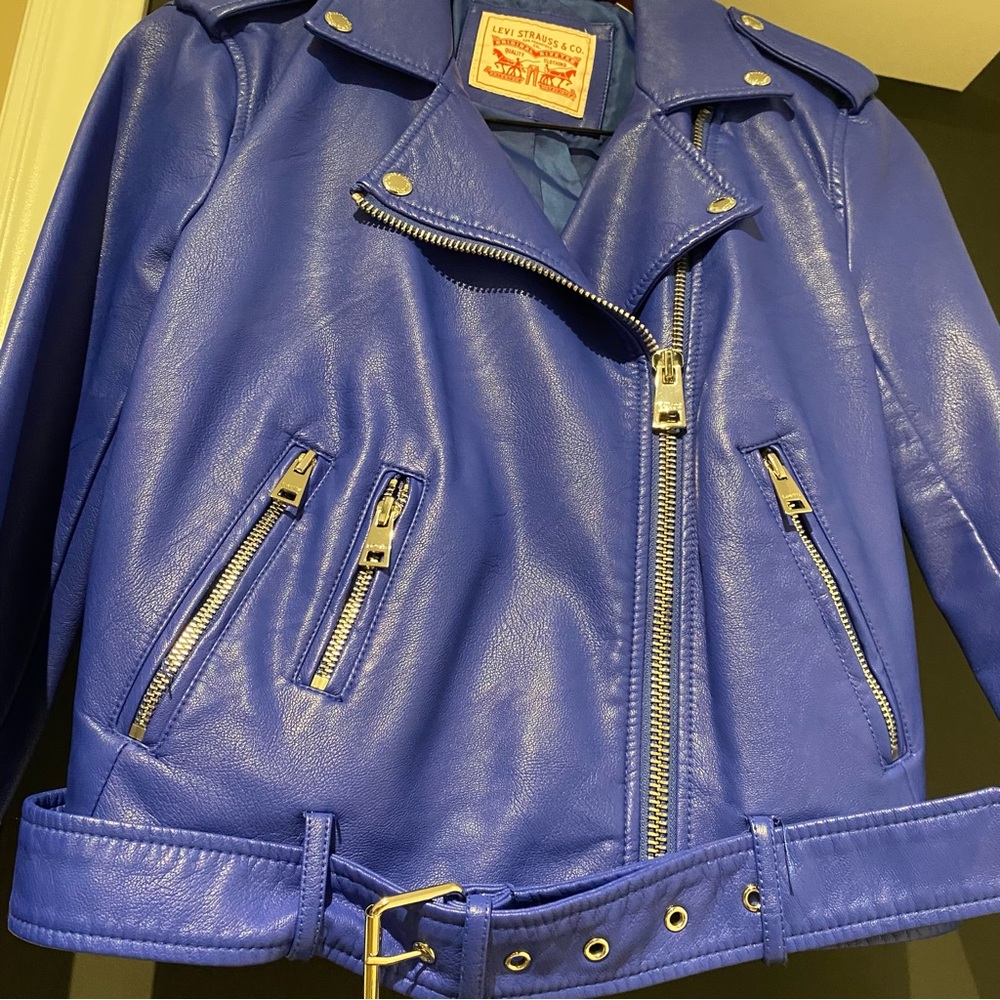 LEVI’S faux leather fashion belted moto jacket in sapphire blue